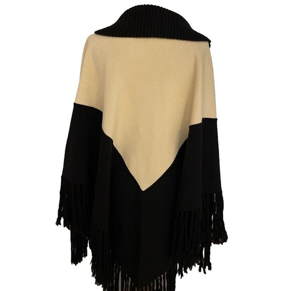 Fiore Bella Cowl Neck Poncho Women's M Cream/Black Merino Wool Blend Fringe Boho - Picture 5 of 10